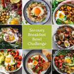 collage of savoury breakfast bowls with eggs, vegetables, grains and toppings