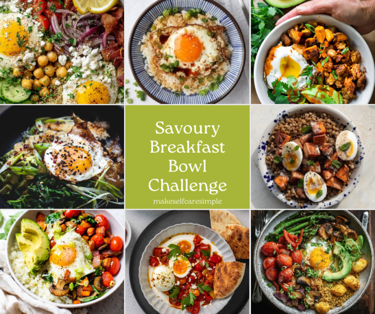 collage of savoury breakfast bowls with eggs, vegetables, grains and toppings