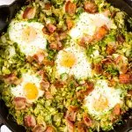 brussels sprout breakfast hash with bacon and eggs