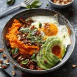 roasted sweet potato bowl with fruit, nuts and seeds