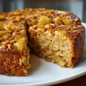 Moist apple oatmeal cake with a golden crumb, lightly spiced and sliced for serving.