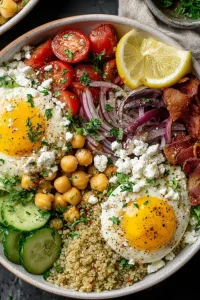 breakfast quinoa bowl with chickpeas, tomatoes and herbs