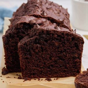 Rich dark double chocolate cake with moist crumb and deep cocoa colour.