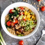 vegan tofu scramble breakfast bowl with greens