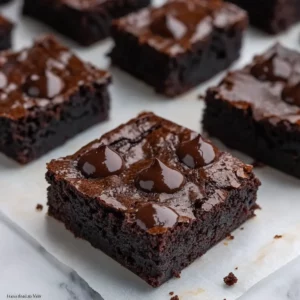 Fudgy chocolate brownies with a dense, glossy texture, sliced into squares.