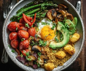 savoury breakfast bowl with quinoa, fried egg, greens and vegetables